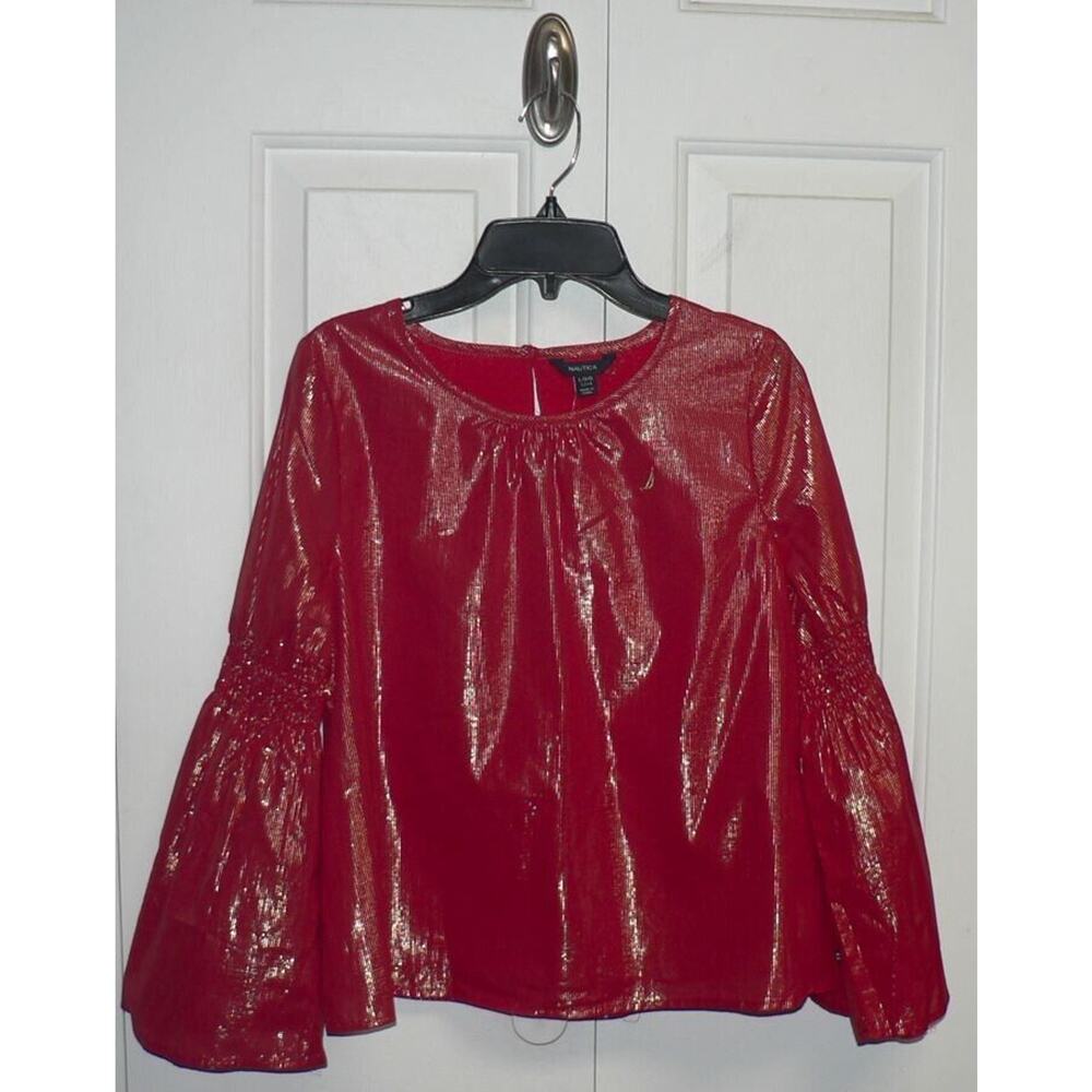 Nautica Girls Smocked Bell Sleeve Blouse Cherry Red Gold Metallic Stripe‎ LG $40